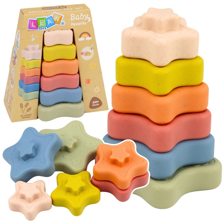 Мултицветна сензорна пирамида LEAN Toys, комплект от 6 части, развитие на фини двигателни умения