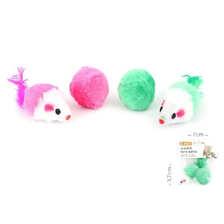 Set jucării pentru pisici, Yommy, soarece cu blanita și minge plusată, multicolor, dimensiuni: 3.7x7cm