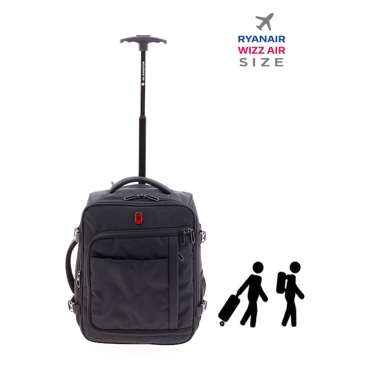 Rucsac cu role 40x30x20/23 cm extensibil, bagaj de mana Wizz Air/Ryanair, 24/28L, poliester hidrofug, 15 inch, Gladiator Loop, negru