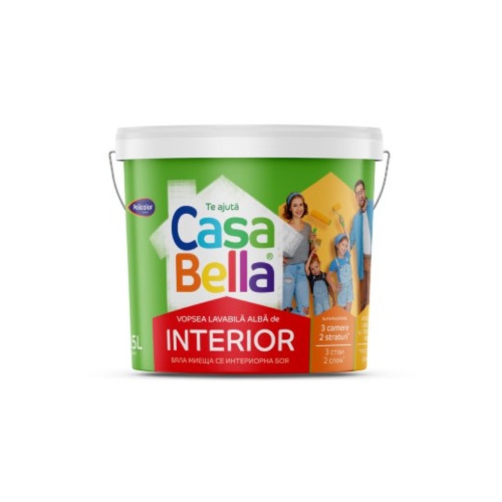 Vopsea lavabilă interior, POLICOLOR, alb, 15 L, putere mare de acoperire, rezistență ridicată la murdărire