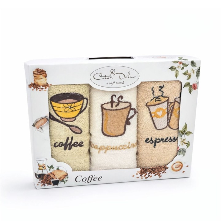 Set 3 prosoape bucătărie brodate, bumbac 100%, cappuccino, 30x50cm