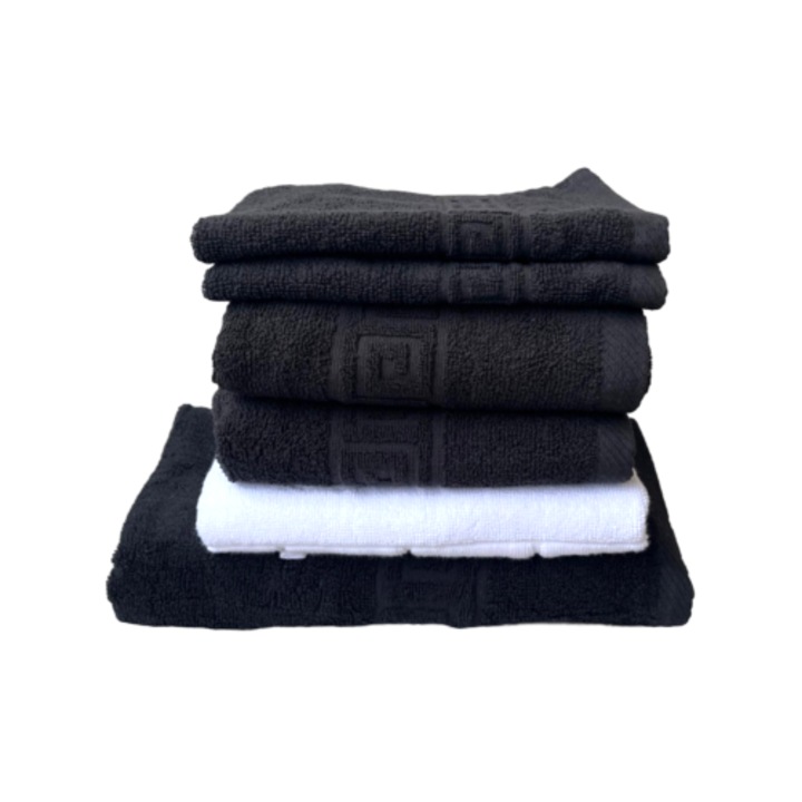 Set 6 prosoape si covoras baie, 100% bumbac, negru, 50x70cm, 70x130cm, 50x90cm, 30x50cm