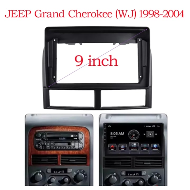 Rama Adaptoare Dedicata Jeep Grand Cherokee WJ 1998 – 2004, Pentru Navigatii Android, MP5 cu Ecran de 9 Inch