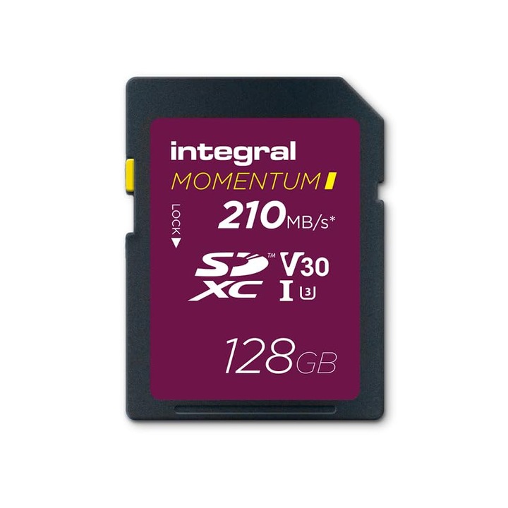 Card SDXC Integral Momentum I de 128 GB, pana la 210 MB/s citire, 180 MB/s scriere, V30, U3, pentru DSLR, camere/camere video fara oglinda, video 4K UHD si modul rafala, rezistent la apa, rezistent la socuri, robust