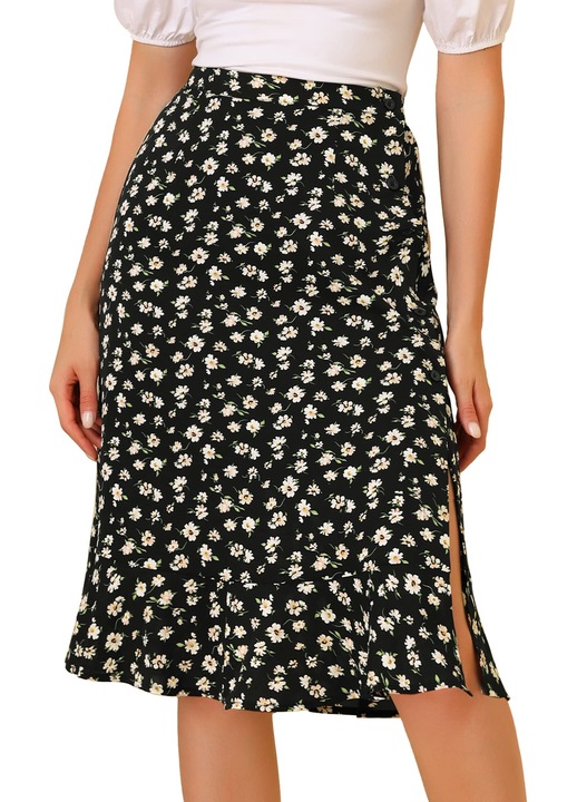 Allegra K midi női szoknya, virágmintás, gumírozott derék, fekete, M-es méret