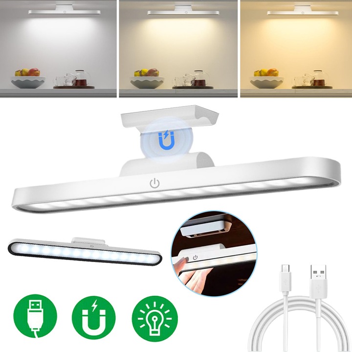 Lumini Magnetice Pentru Citit, Lumini Pentru Sub Dulap, Iluminat Wireless Reglabil 6000K Pentru Dulap, LED Reincarcabil USB 2500mAh, 3 Temperaturi De Culoare, Pentru Dulap, Toaleta, Scari Si Oglinda