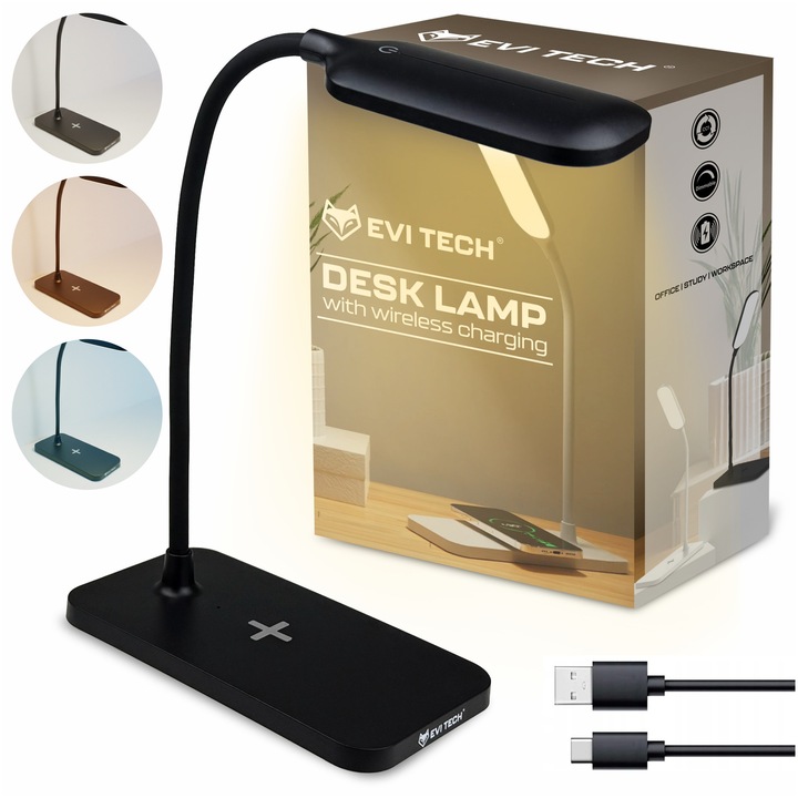 Lampa Birou LED EVI TECH, Incarcare Wireless Qi 15W, 3 Moduri Lumina, Control Tactil, Brat Flexibil, Alimentare USB-C, Negru