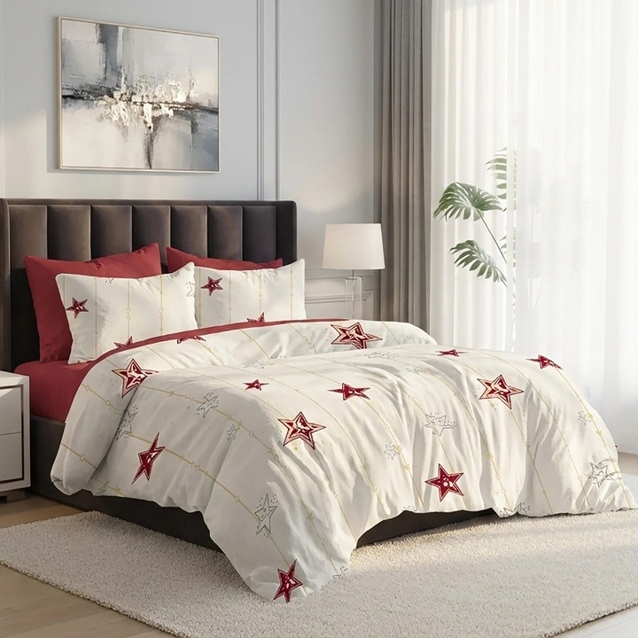 ELVO Economy dupla ágyneműgarnitúra 6 részes, csillagos, krém/piros LEE20 Ralex Pucioasa