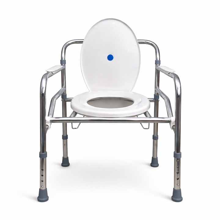 Scaun WC cu cadru metalic si capac, reglabil pe inaltime, utilizare peste toaleta sau ca toaleta portabila cu recipient colector