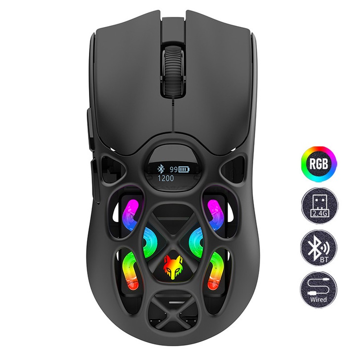 Безжична геймърска мишка H16 PRO XUNFOX, 3 режима: 2.4G, Bluetooth, кабелна, 7 бутона, 6 DPI 800-12000, честота на запитване 1000Hz, батерия 500mAh, зареждане Type-C, RGB станция за осветление, черна