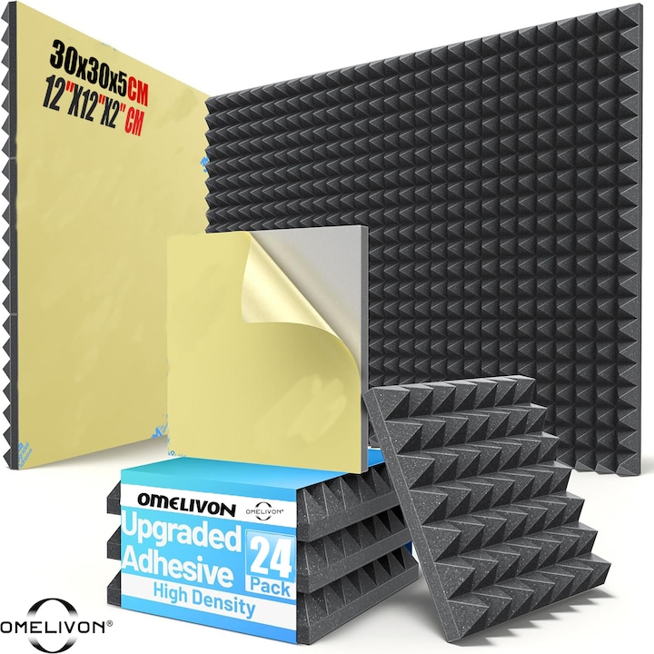 Set 24 panouri fonoabsorbante autoadezive, Omelivon®,30x30x5CM, panouri acustice, spuma poliuretanica de inalta densitate, cu Autoadeziv Inclus, pentru Studiouri si Locuinte, Premium, Negru