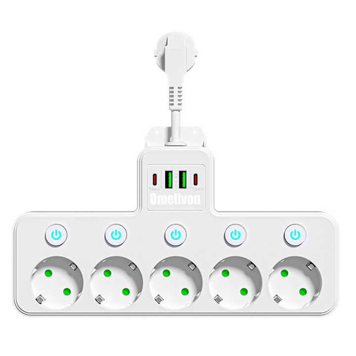 Omelivon Rövid Hosszabbító, 2500W, 10A, 5 Normál Aljzat Egyedi Kapcsolóval, 2 USB, 2 USB Type C, Túlfeszültség-védelem, Egyedi Kapcsolók, Éjszakai Fény, Lángálló Anyag, Fehér