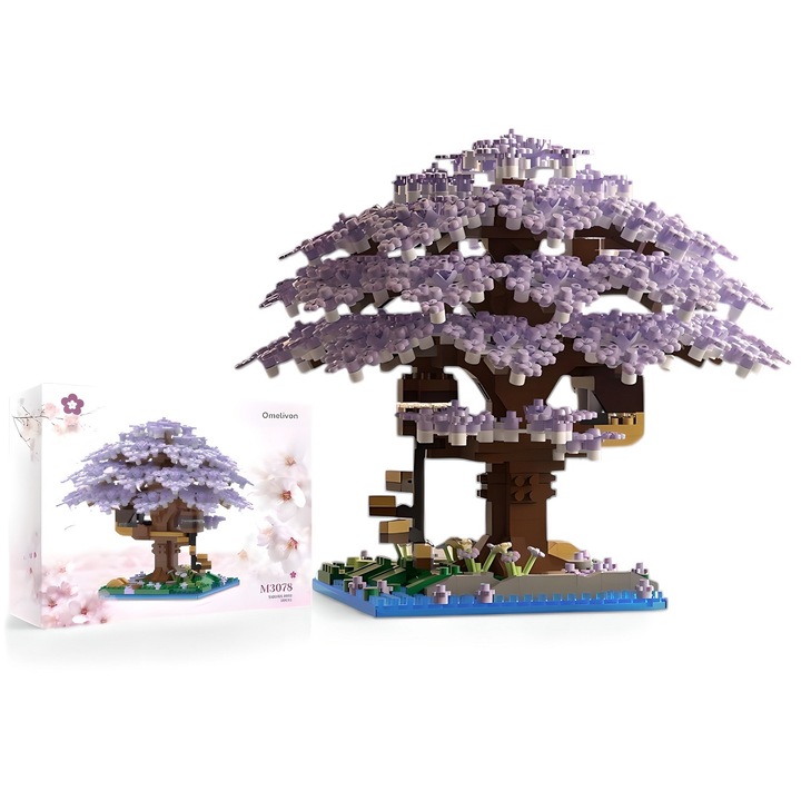Set Cuburi Constructie Copac Cires in Flori cu Piese, Violet, 1097 Piese, 13 cm Inaltime, Jucarie Educationala si Creativa pentru Copii si Adulti, Cadou Decorativ, Colectie, Camera Copii Omelivon®