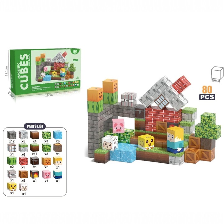 Set cuburi magnetice de constructie Malvys®, joc educativ STEM cu blocuri magnetice tip pixel, ferma si peisaj 3D, 80 piese, 3+ ani