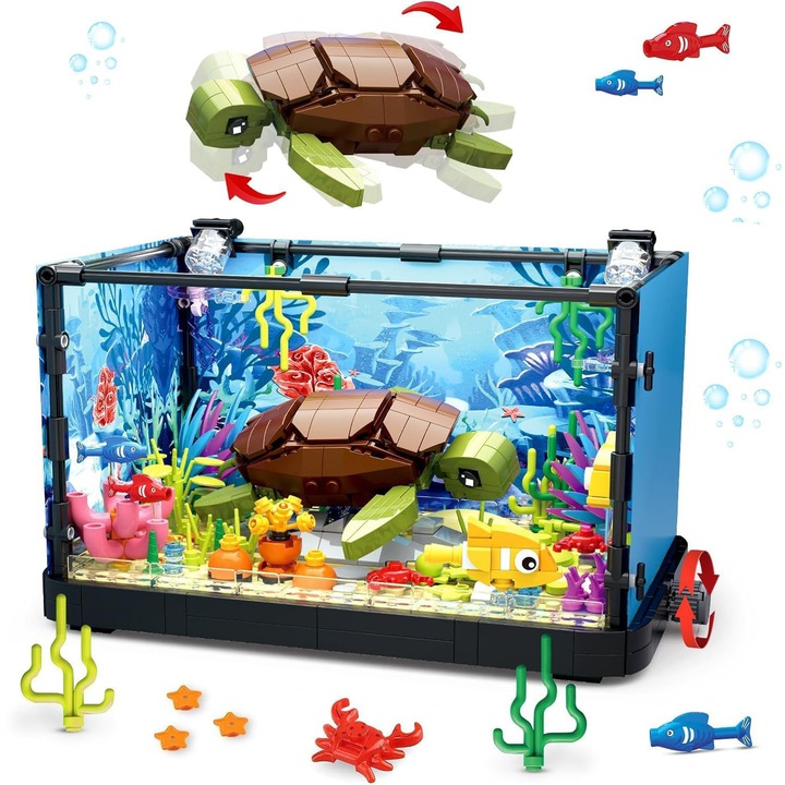 Set de constructie cu Acvariu, Bedee®, 753 piese, testoase rotative, corali si alte plante marine si fauna marine, 23.6*14.8*8cm, Micro-caramizi, Cadou pentru Festival, pentru adolescenti adulti cu varsta de peste 8 ani, albastru