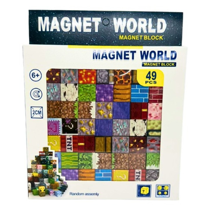 Set Cuburi Magnetice Magnet World, 49 Piese, Blocuri Constructie Educative, 2 cm, Multicolor