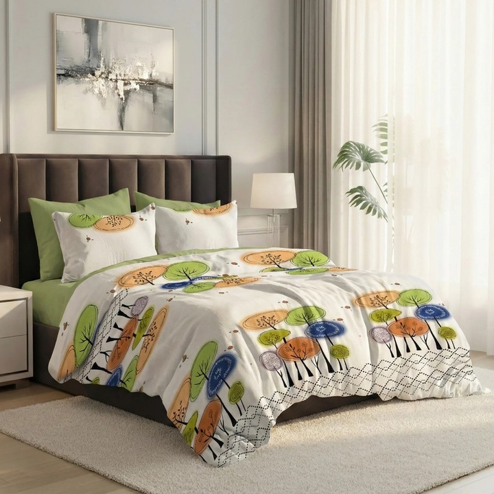 ELVO Economy dupla ágynemű 6 részes, fák, narancssárga/zöld LEE18 Ralex Pucioasa