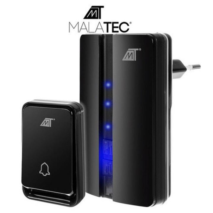 Sonerie Wireless Impermeabila MALATEC, 51 Tonuri, 90 dB, IP44, Fara baterie la buton, Negru
