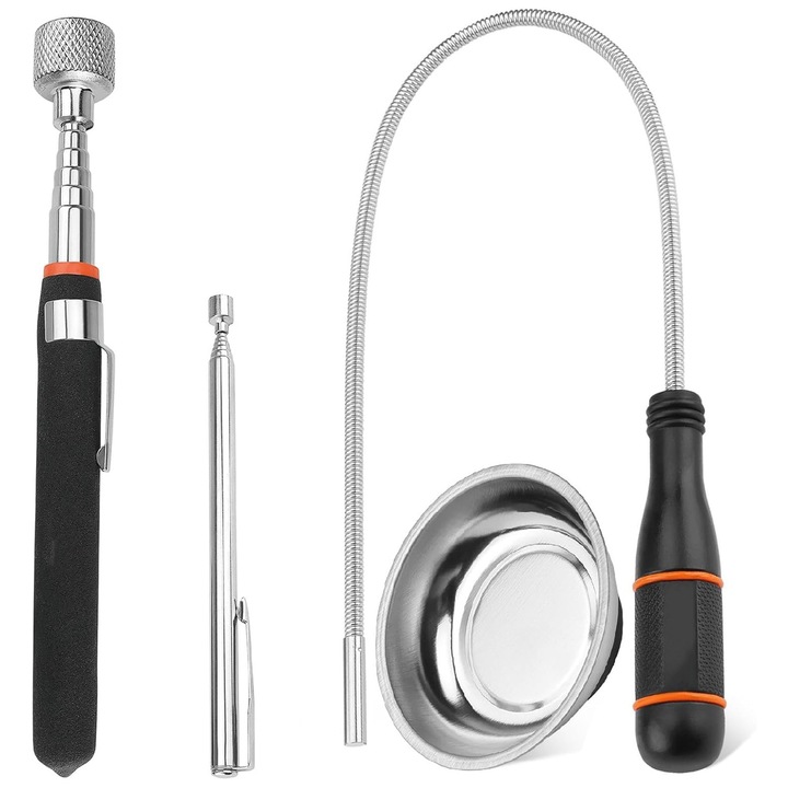 Set 4 elemente de inspectie si recuperare, BOMSTOM, Kit inspectie auto, magnet, oglinda, led, oglinda de inspectie flexibila, Cu gheare, Pick-up telescopic, Lungime reglabila, Rotatie 360°, Usor si usor de transportat, Negru