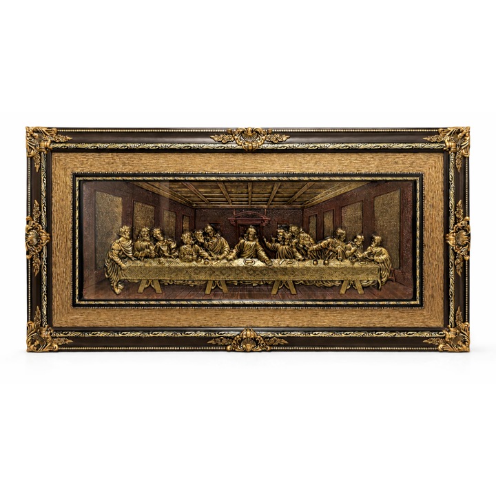 Tablou „Cina cea de Taina” 120 x 65 cm – Basorelief decorativ cu rama ornamentala auriu-maro, protectie din sticla