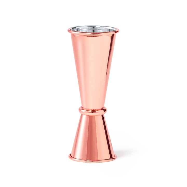 Jigger Bar Placat cu Cupru (Rose Gold), 25/50 ml, Otel Inoxidabil, Pahar Dozator Cocktail Profesional, Masurare Dubla