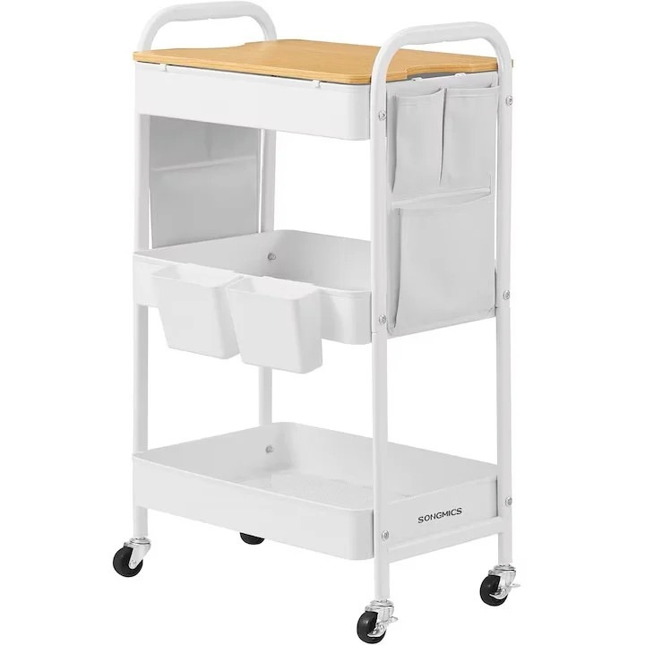 Мобилна количка за съхранение SONGMICS, бяла, 31x44x74 см, стоманена рамка и MDF плот, 1 рафт