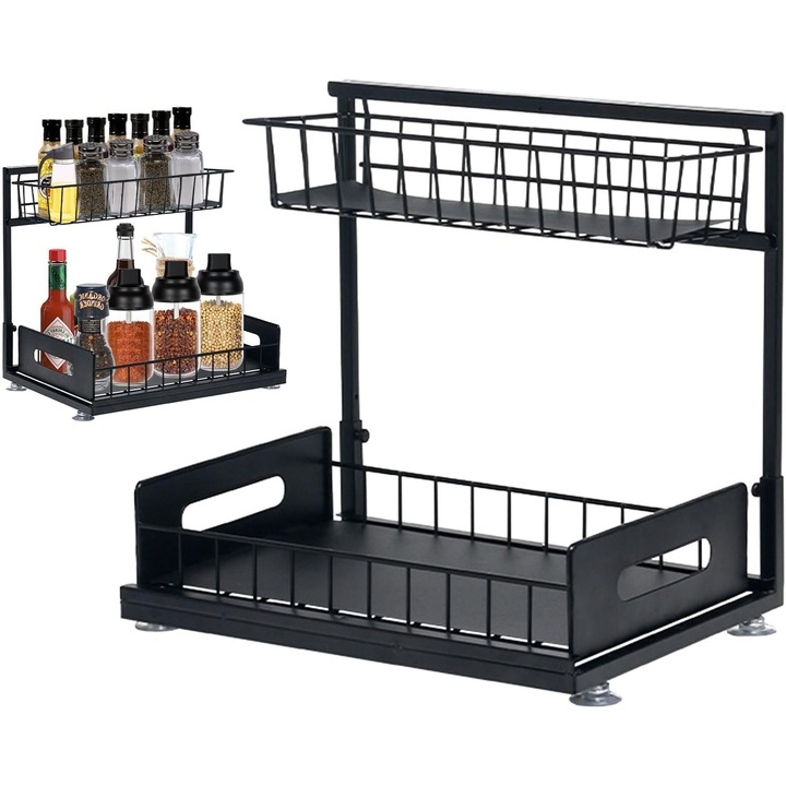 Raft glisant sub chiuveta Vilde, 2 etaje, reglabil 18-24cm, metal otel carbon, 36x27.5x36, negru