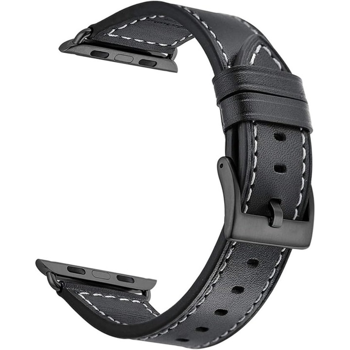 Curea din Piele ECO pentru Apple Watch, Neagră, Reglabilă, 42x44mm/45mm