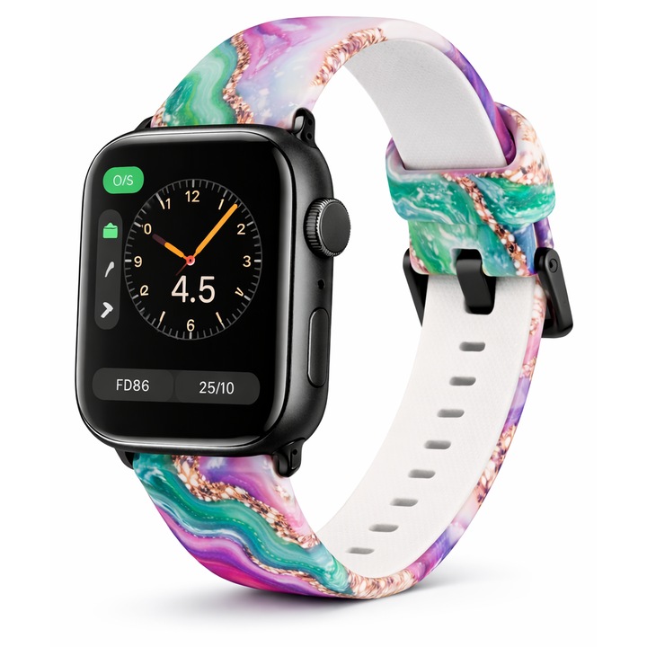 Curea smartwatch silicon artistic tip agate multicolor, verde, 42x49 mm, unisex, rezistentă la apă și transpiratie
