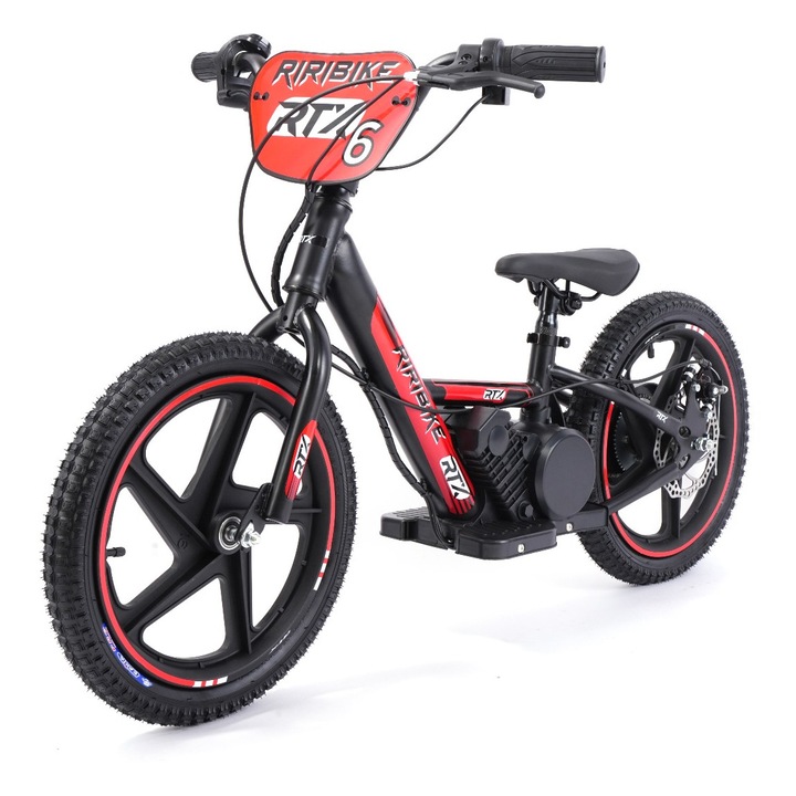 Bicicleta electrica de echilibru pentru copii RIRIBIKE RTX6 24V (16'), rosu, baterie litiu, motor 250W, frana disc, Scaun reglabil din PU moale