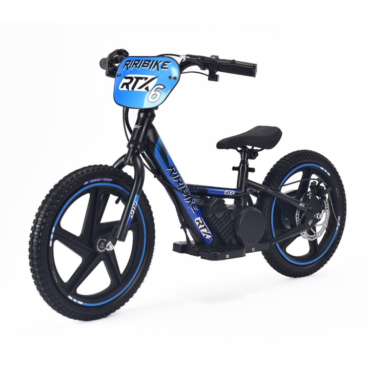 Bicicleta electrica pentru copii RIRIBIKE RTX6 24V (16'), albastru, baterie litiu, motor 250W, frana disc, Scaun reglabil din PU moale