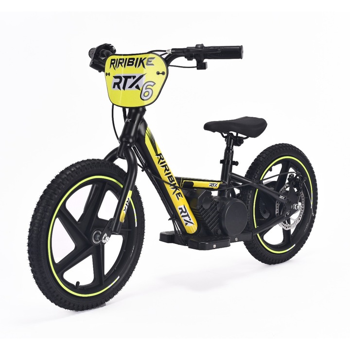 Bicicleta electrica pentru copii RIRIBIKE RTX6 24V (16'), galben, baterie litiu, motor 250W, frana disc, Scaun reglabil din PU moale