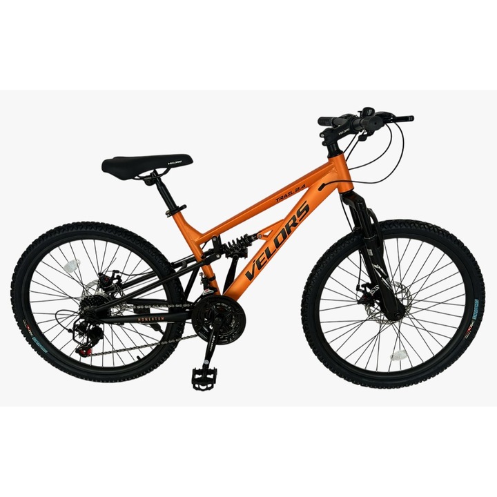 Bicicleta MTB pentru copii cu Roti de 24", Echipare Shimano/Carpat, Manete Secventiale, Frane DISC, 21 Viteze, portocaliu/negru, Mountain Bike Velors Trail 2.4 Genius cu Dubla Suspensie si Cabluri Integrate