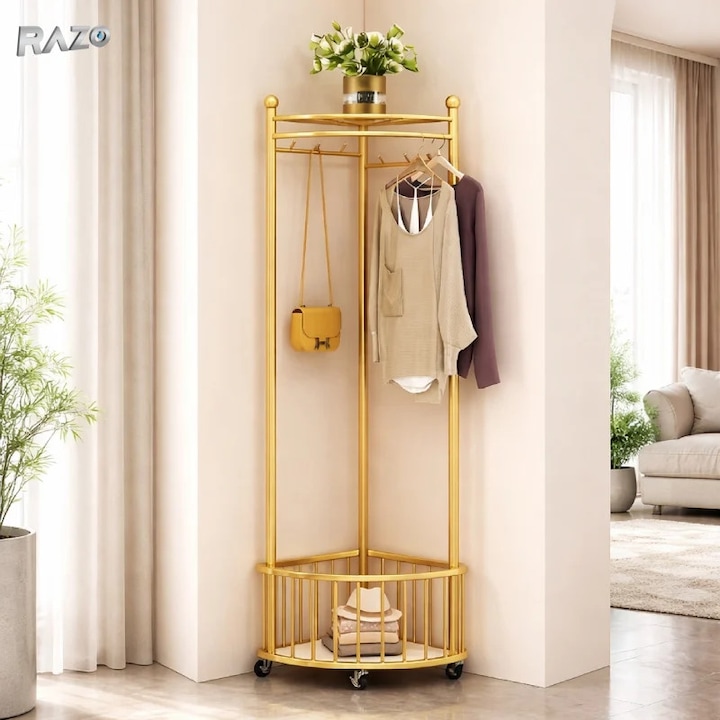 Cuier de colt cu roti RAZO, Metalic, Suport haine multifunctional, Design compact, Economisire spatiu, Stabil, Rezistent, Stil modern vintage, 40x40x160 cm, Auriu