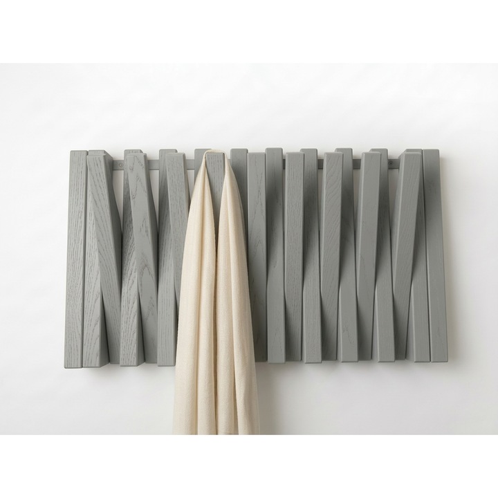 Cuier de perete Sakart – 9 agatatori ascunse, lemn masiv eco gri, tratat cu ulei bio Tikkurila, handmade, fara miros si fara chimicale, 52x30x5 cm