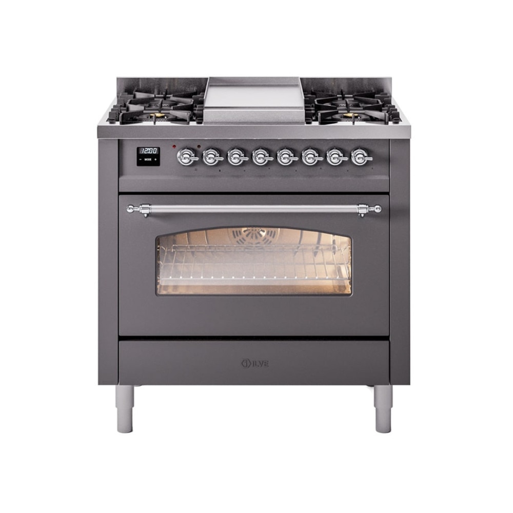 Aragaz pe gaz premium ILVE, Majestic, 90 cm, clasa A+, 4 arzatoare, plita Fry Top, cuptor electric 97 litri, design vintage, timer, usa cuptor cu 3 straturi de sticla, gatire ECO, dezghetare, 15 functii de gatire multiple, iluminare, gri mat/argintiu