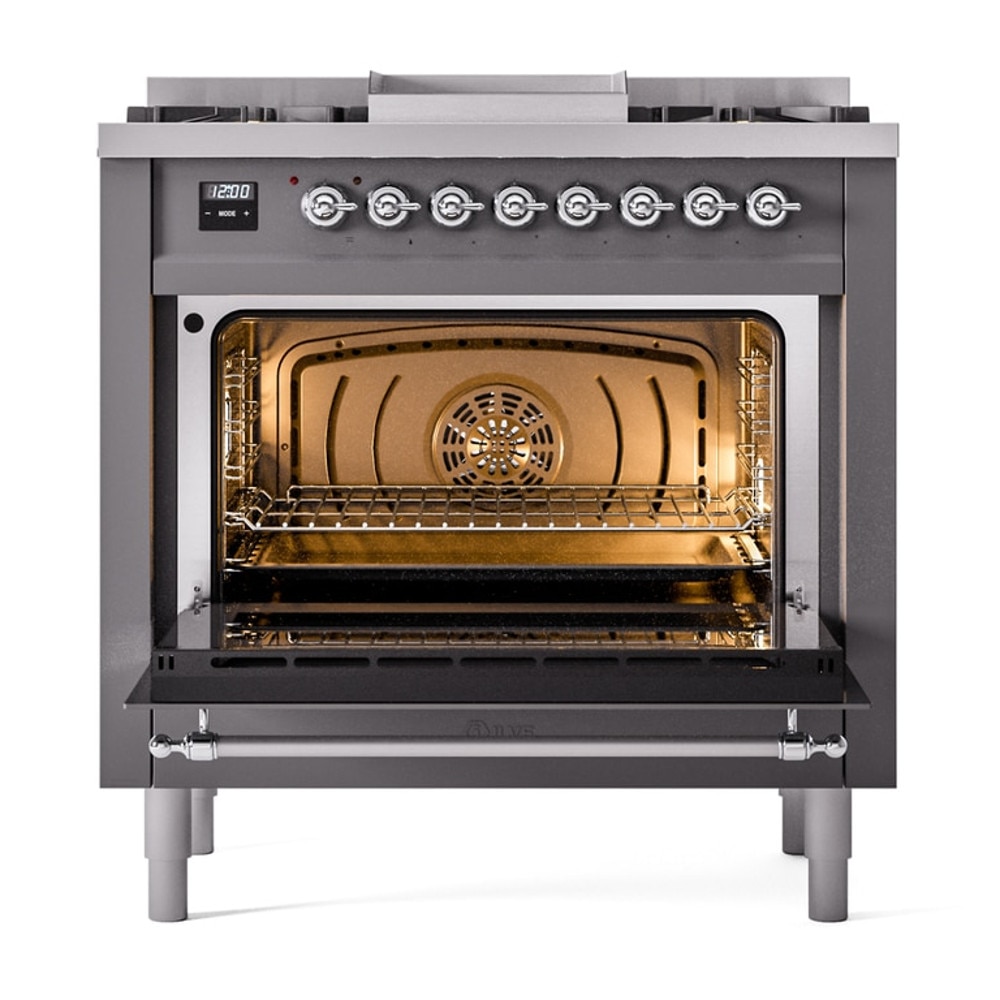 Aragaz pe gaz premium ILVE, Majestic, 90 cm, clasa A+, 4 arzatoare, plita Fry Top, cuptor electric 97 litri, design vintage, timer, usa cuptor cu 3 straturi de sticla, gatire ECO, dezghetare, 15 functii de gatire multiple, iluminare, gri mat/argintiu
