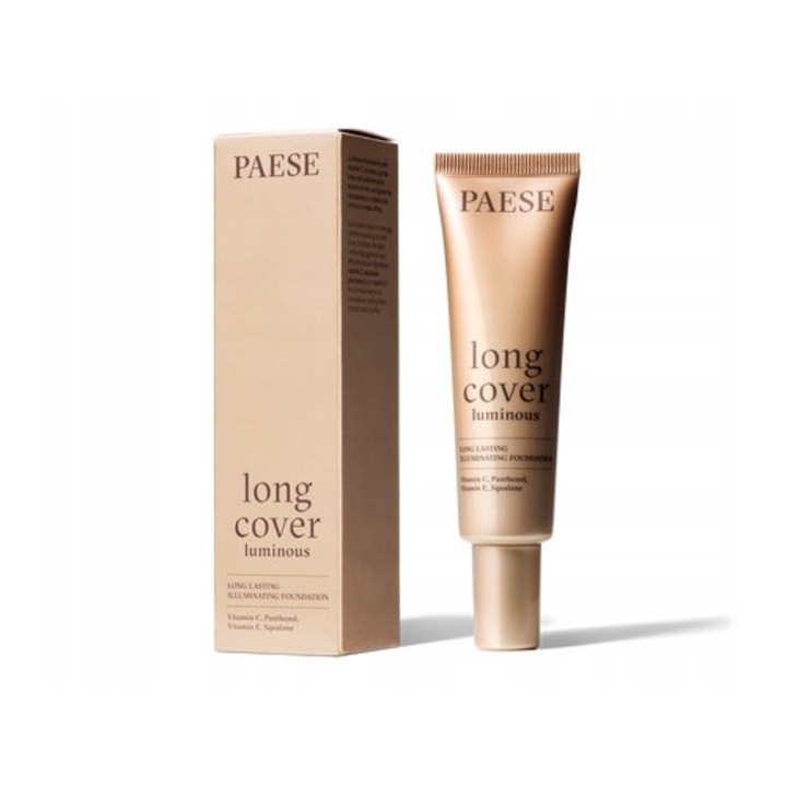 Fond De Ten, Paese, Long Cover Luminous 1, 5 Beige, Acoperire Ridicata Cu Finisaj Natural Si Luminos, Uniformizeaza Nuanta Pielii, Ofera Tenului Un Aspect Sanatos, Formula Usoara Fara Efect De Masca, 30 Ml, Beige