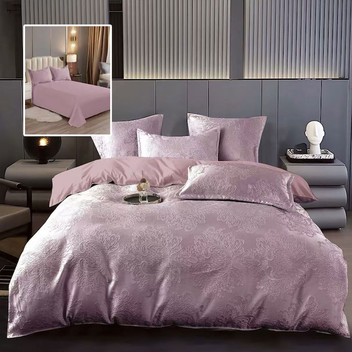 Jacquard dupla ágyneműgarnitúra 6 részes, lepedő 230x250 cm, paplan 200x230 cm, 2 párnahuzat 50x70 és 70x70 cm, Clasy, Lila