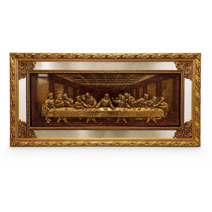 Tablou „Cina cea de Taina” 120 x 65 cm Bla Bla Foam® – Basorelief decorativ cu rama ornamentala auriu-maro, protectie din sticla si oglinda