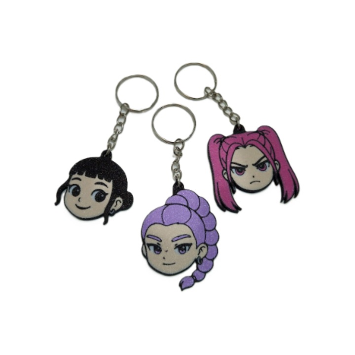 3 db K-Pop Demon Hunters kulcstartó szett, Mira, Rumi & Zoey, 3D nyomtatott, egyedi színezés, műanyag