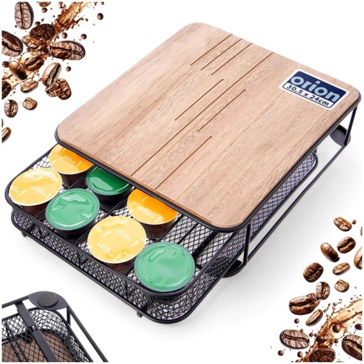 Organizer Capsule Cafea cu Sertar Extensibil – Metal & MDF Negru, Depozitare Eleganta si Practic