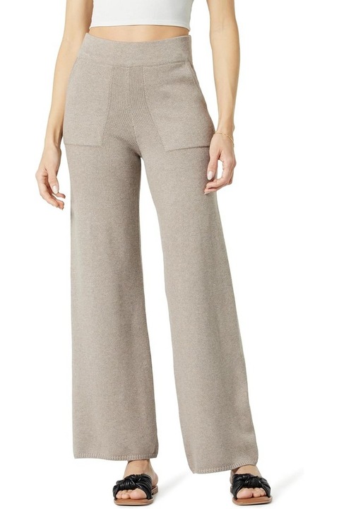 Pantaloni largi bej pentru dama, The Drop, marime S, tricotati, 51% bumbac