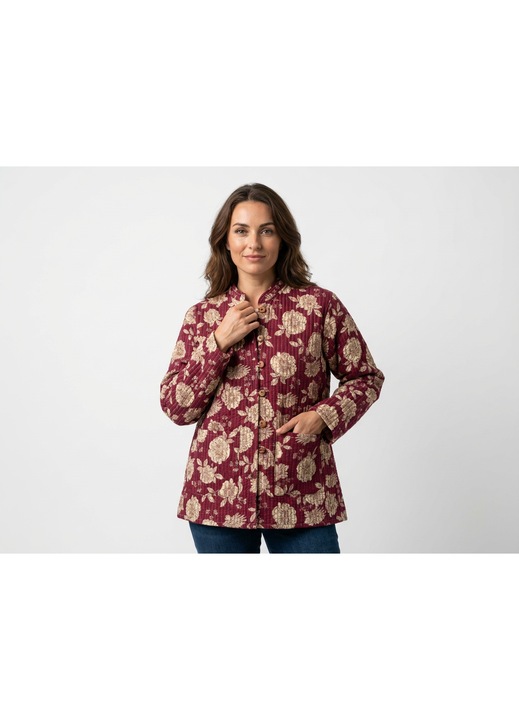 Jachetă matlasată reversibilă, bumbac imprimat manual, visiniu, marime XXL