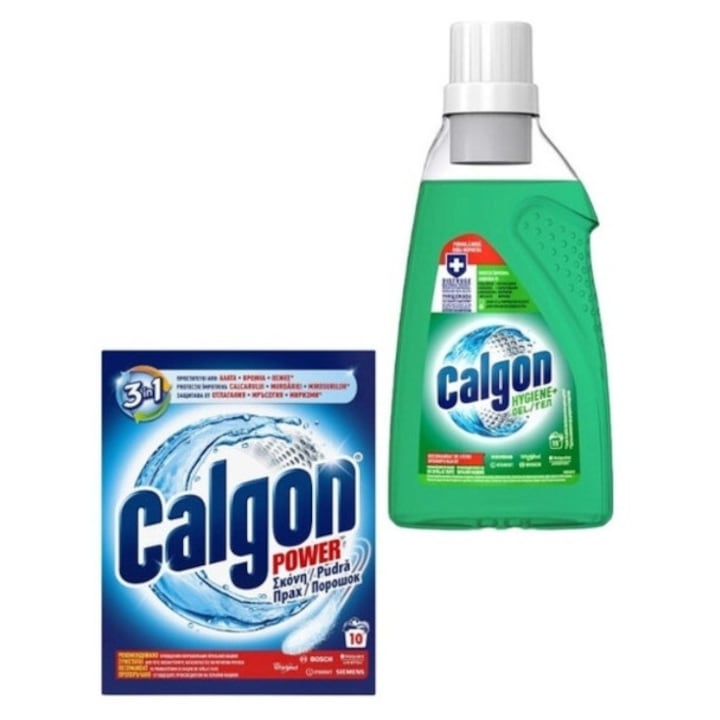 Set 2 x Calgon Variety, 1 x Anticalcar 500g Pudra & Anticalcar Gel 750ml Hygiene+, fresh aroma, parfum floral, distruge calcarul, rapid si eficient, testat dermatologic, prospetime de lunga durata, eficacitate maxima
