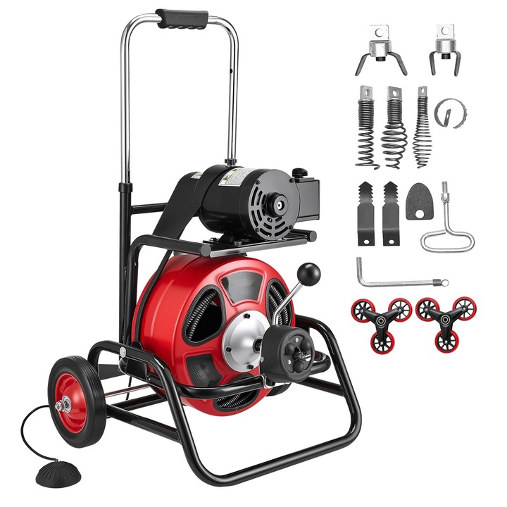 Masina de desfundat tevi, Sarpe de canalizare electric, Spirala 30 m x 12, 7 mm, Avans automat, Roti pentru scari, 8 capete taietoare, Pedala de picior, Pentru tevi 50–150 mm