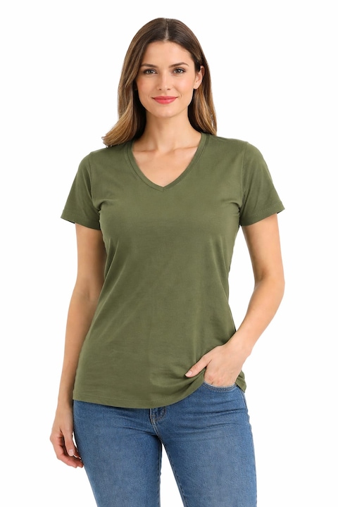 Tricou Dama Simplu Bumbac 100% , Guler V , Croiala lejera , FABRICAT IN ROMANIA , ADIBIALEX, Kaki