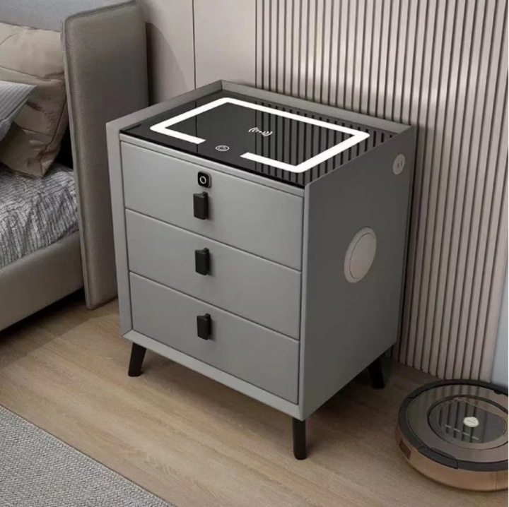 Многофункционално интелигентно нощно шкафче, LED осветление, тъчскрийн, безжично и USB зареждане, Bluetooth високоговорител, 3 чекмеджета, заключване на чекмеджетата с пръстов отпечатък, модерен дизайн, сиво