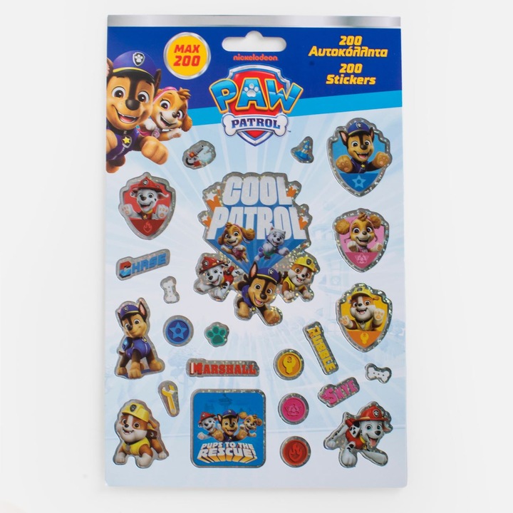Set Autocolante 200 buc Paw Patrol, modele vesele, 4 file