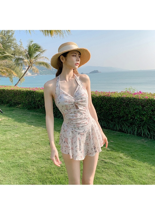 Costum de Baie Dama Tip Rochie, cu Imprimeu Floral Delicat Crem, Crem